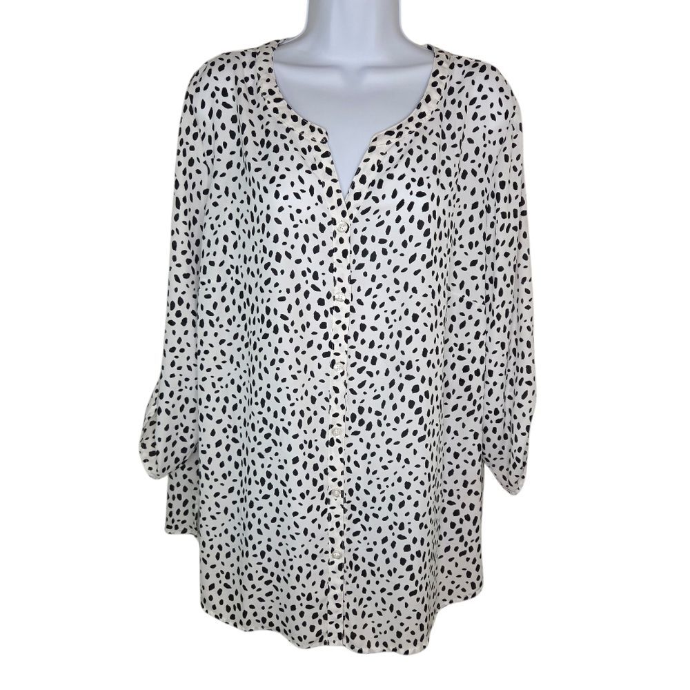 Catherines Polka Dot Print Tab Sleeve Button Down Blouse Top Size 1x